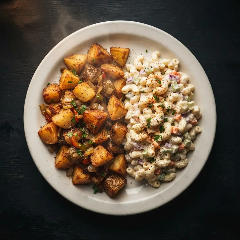 Home fries and macaroni salad